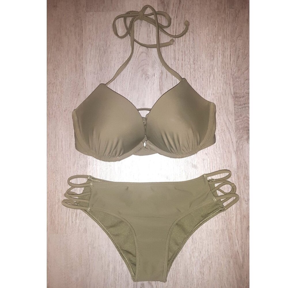 Hollister Swim Olive Green Bikini Set Pushup Top Size 34B Cheeky Bottoms Size XS